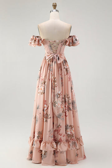 Rodna Blommig Från Axeln En linje Volang Brudtärna Klänning